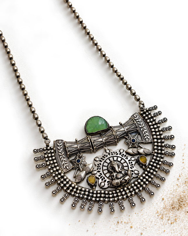 Vighnaharta Oxidised Silver Ganesha Statement Necklace