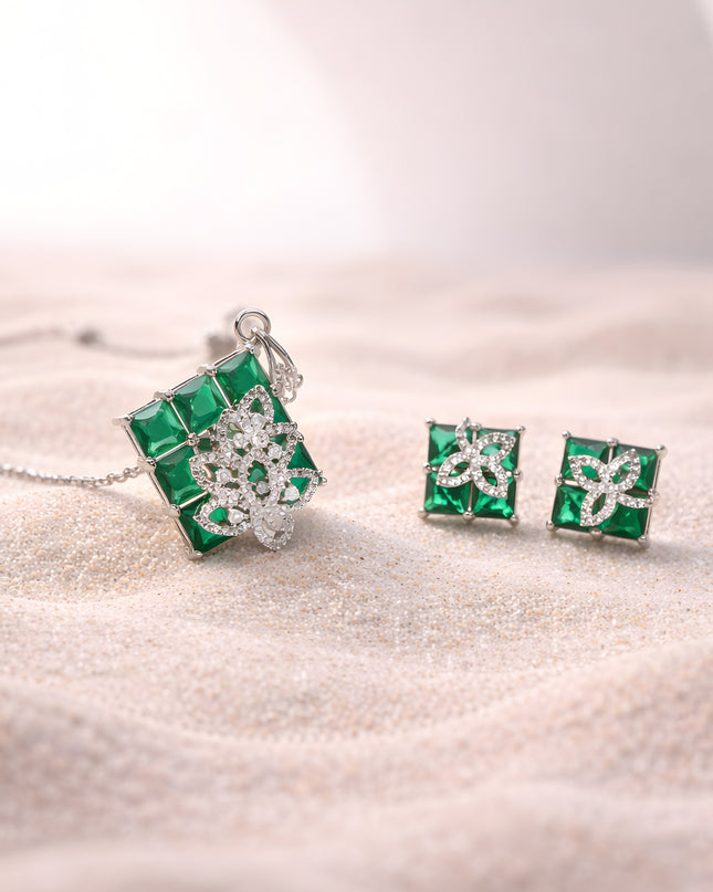 Eira Set – Green Crystal Pendant & Earrings