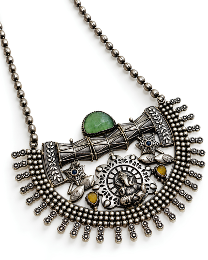 Vighnaharta Oxidised Silver Ganesha Statement Necklace