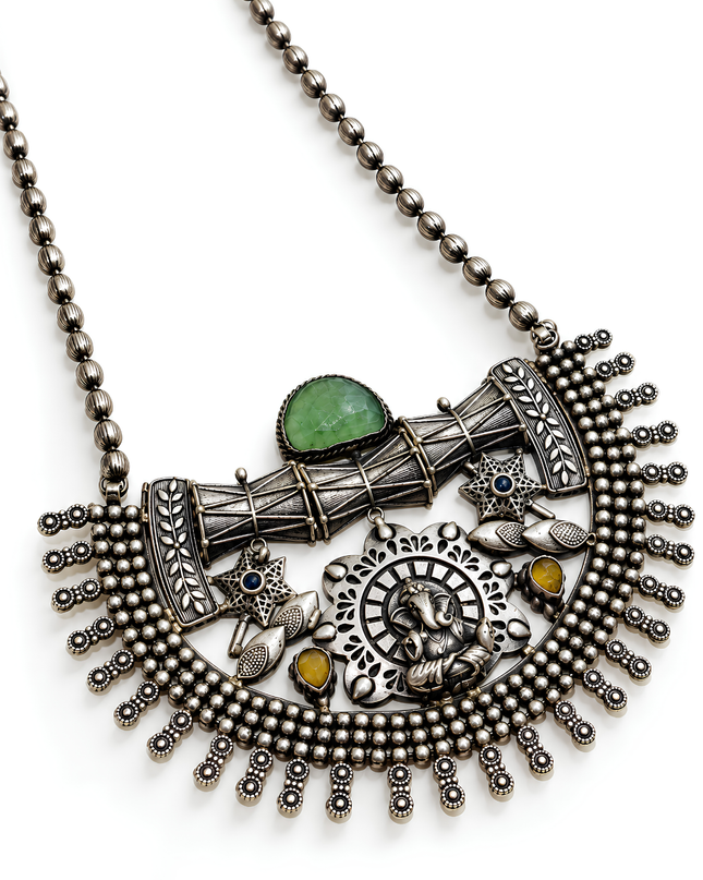Vighnaharta Oxidised Silver Ganesha Statement Necklace