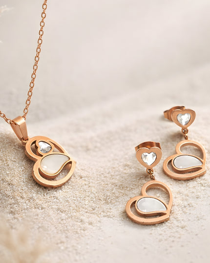 Serenita Set – Twin Heart Rose Gold Necklace & Earrings
