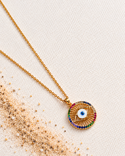 Aureya Gold Plated Multicolour Evil Eye Pendant Necklace