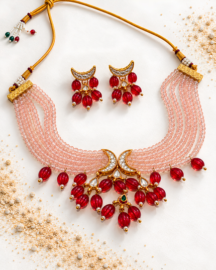 Gulrani Blush Pink & Ruby Red Beaded Choker Necklace Set