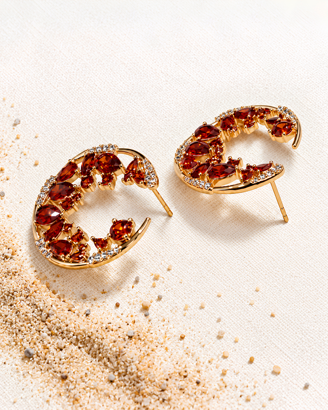 Roselle Ruby Red Floral Crescent Statement Earrings