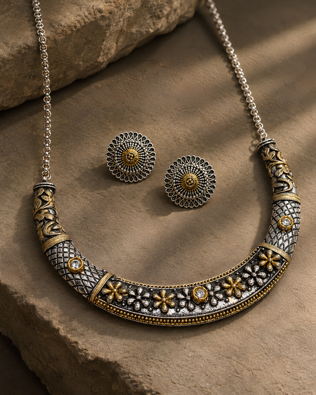 Antique Gold Silver Floral Necklace Set