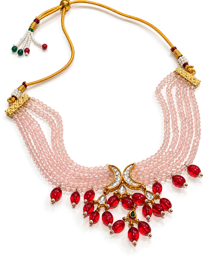 Gulrani Blush Pink & Ruby Red Beaded Choker Necklace Set