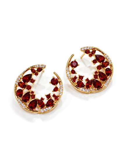Roselle Ruby Red Floral Crescent Statement Earrings