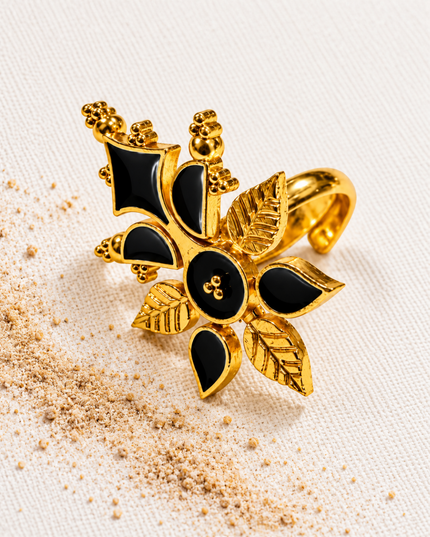 Kali Pushp Gold Plated Black Stone Statement Ring
