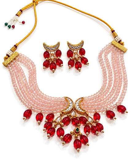 Gulrani Blush Pink & Ruby Red Beaded Choker Necklace Set