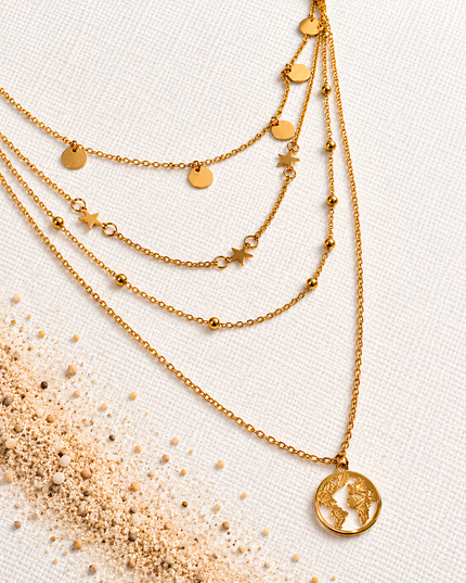 Astoria Gold Plated Triple Layer Star & World Charm Necklace