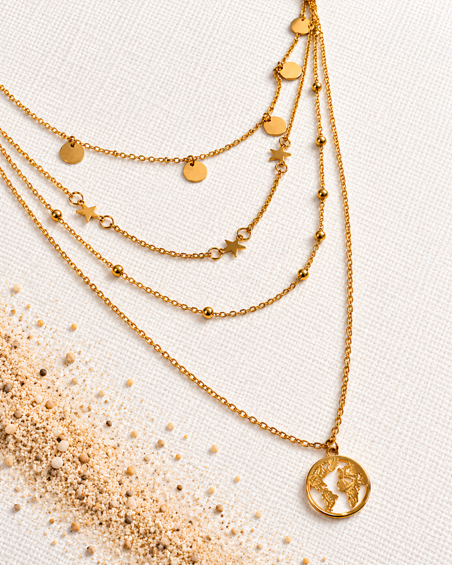 Astoria Gold Plated Triple Layer Star & World Charm Necklace