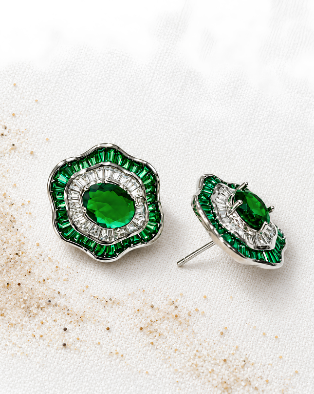 Emerald Green Floral Crystal Stud Earrings