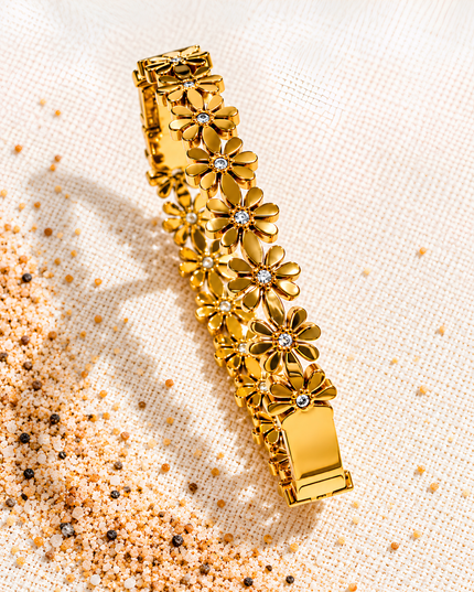 Daisy Bloom Gold Plated Floral Crystal Statement Bangle