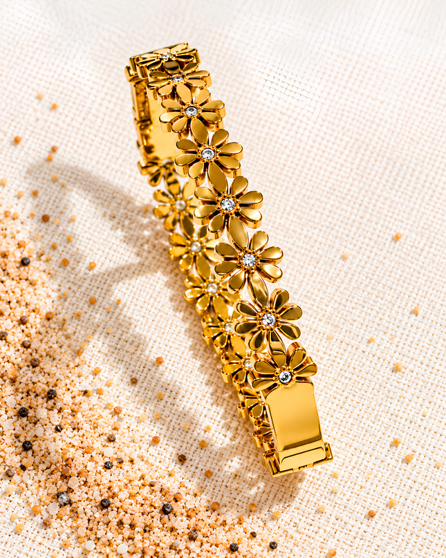 Daisy Bloom Gold Plated Floral Crystal Statement Bangle