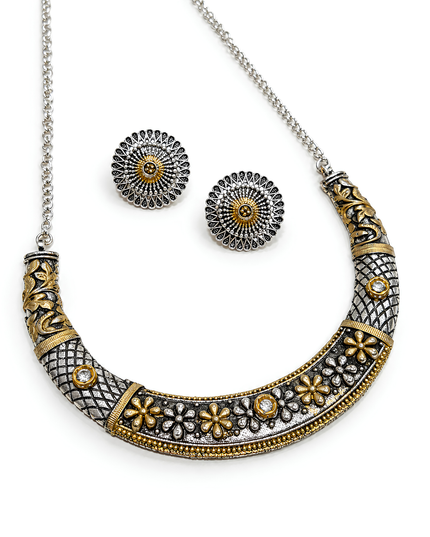 Antique Gold Silver Floral Necklace Set