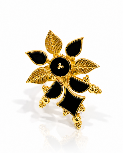 Kali Pushp Gold Plated Black Stone Statement Ring