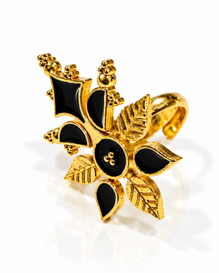 Kali Pushp Gold Plated Black Stone Statement Ring