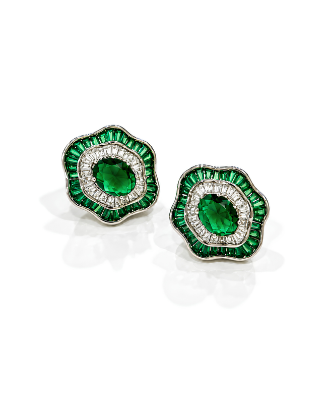 Emerald Green Floral Crystal Stud Earrings