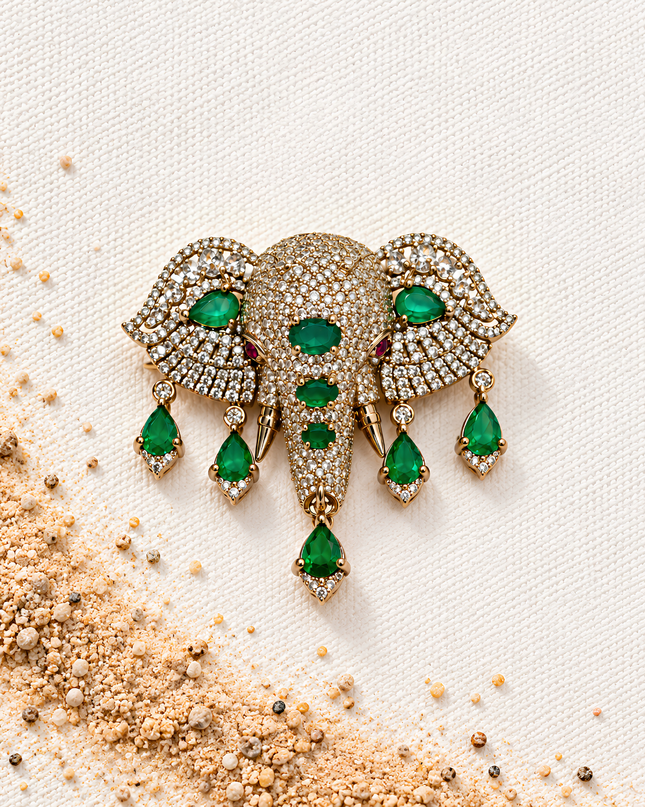 Emerald Majesty Crystal Elephant Brooch