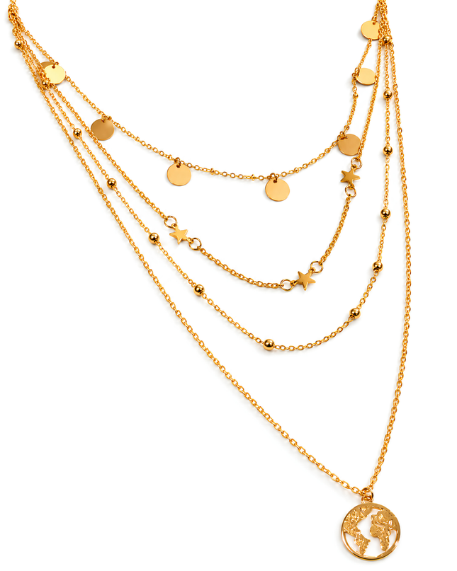 Astoria Gold Plated Triple Layer Star & World Charm Necklace
