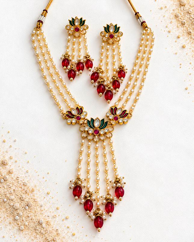 Padmika Pearl & Ruby Red Lotus Necklace Set