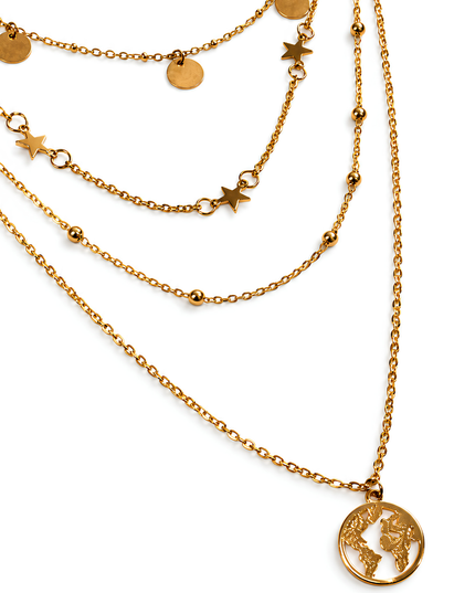 Astoria Gold Plated Triple Layer Star & World Charm Necklace