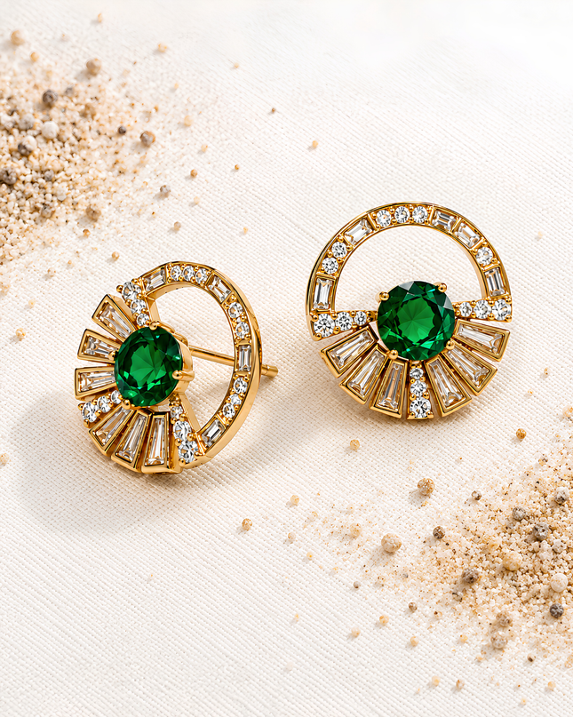 Emerald Green Art Deco Fan Crystal Stud Earrings