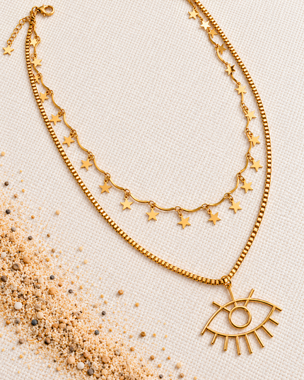 Celestia Gold Plated Double Layer Star & Evil Eye Pendant Necklace