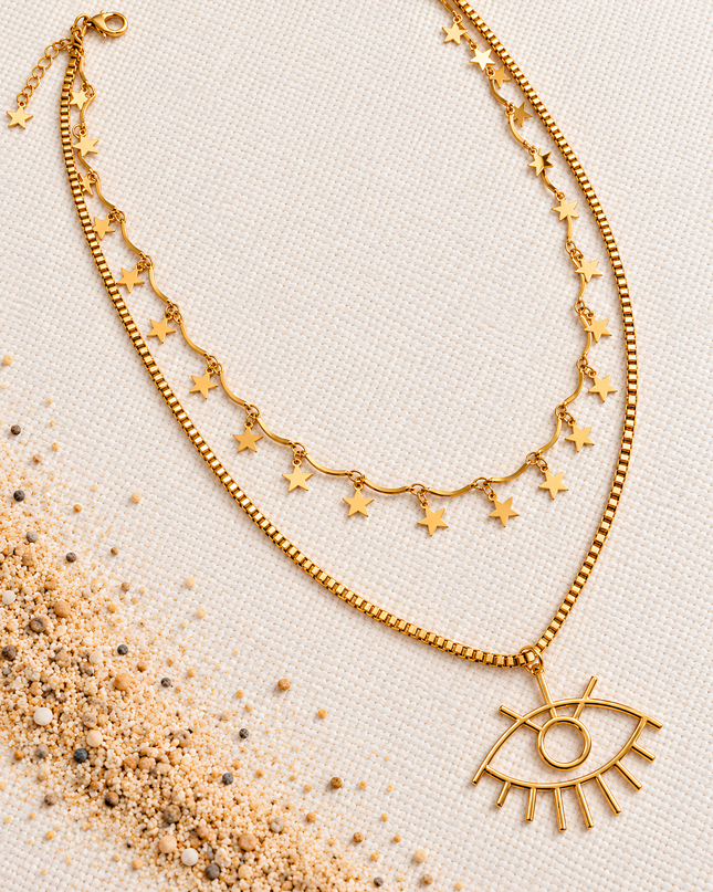 Celestia Gold Plated Double Layer Star & Evil Eye Pendant Necklace