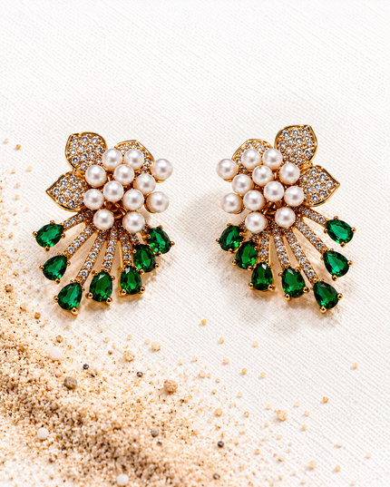 Emerald Bloom Pearl & Crystal Statement Earrings