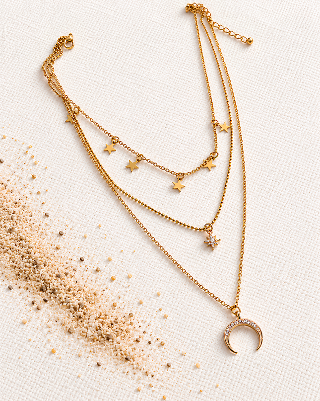 Celestia Gold Plated Triple Layer Star & Crescent Moon Necklace