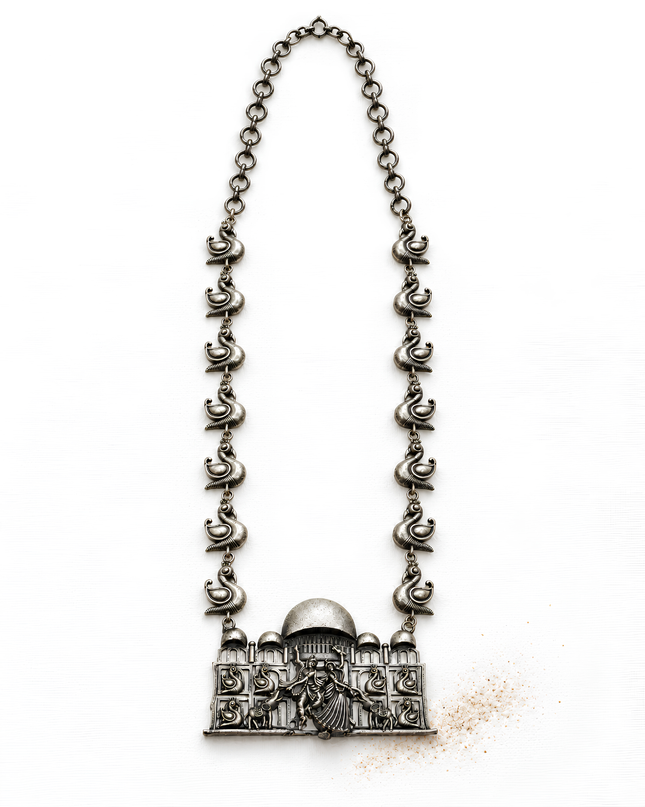 Raasa Oxidised Silver Radha Krishna Peacock Statement Necklace