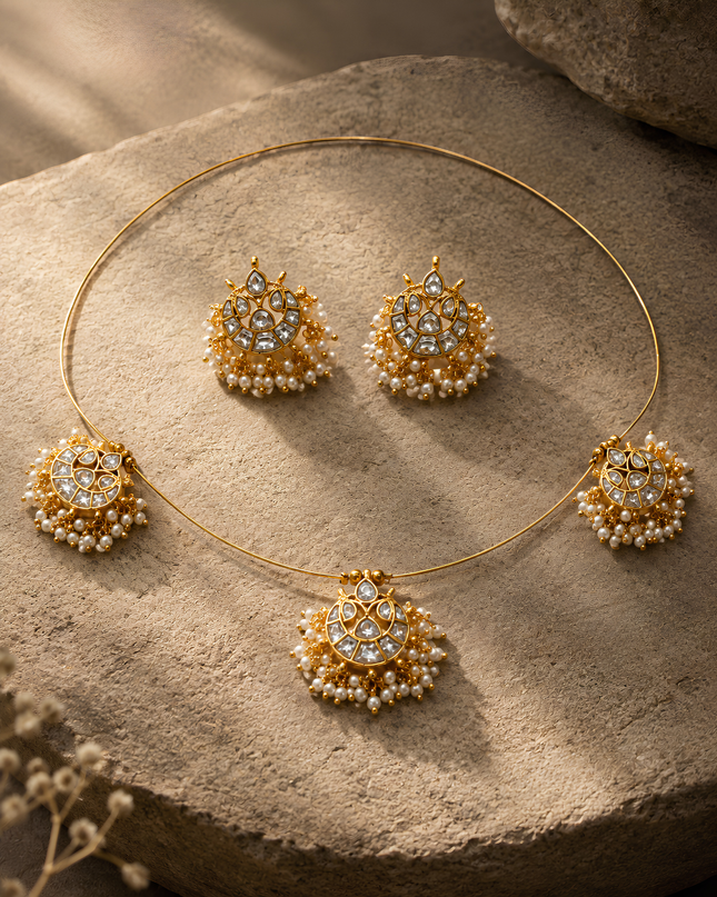 Wire Kundan Pearl Bloom Necklace Set