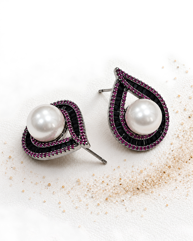 Zaria Ruby Pink & Black Pearl Statement Earrings