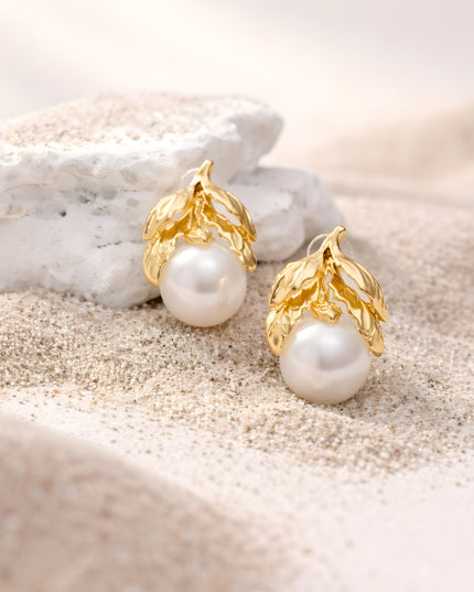 Golden Leaf Pearl Drop Earrings