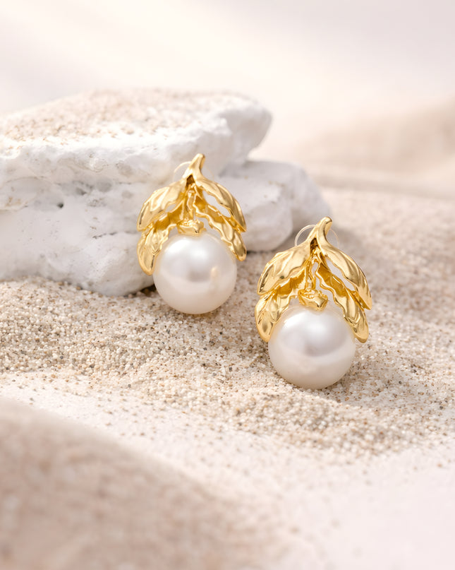 Golden Leaf Pearl Drop Earrings
