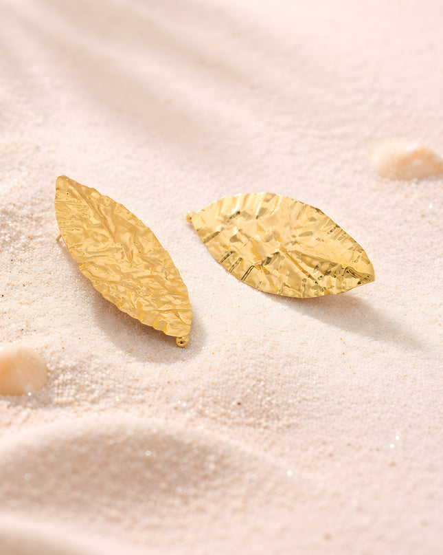 Textured Leaf Stud Earrings – Gold Finish | Feather Collection