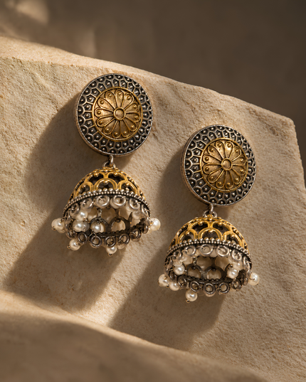 Rama Collection Antique Gold Silver Pearl Jhumka Earrings