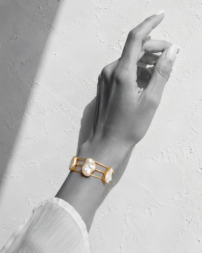 Gold-Tone Pearl Cluster Open Cuff Bracelet