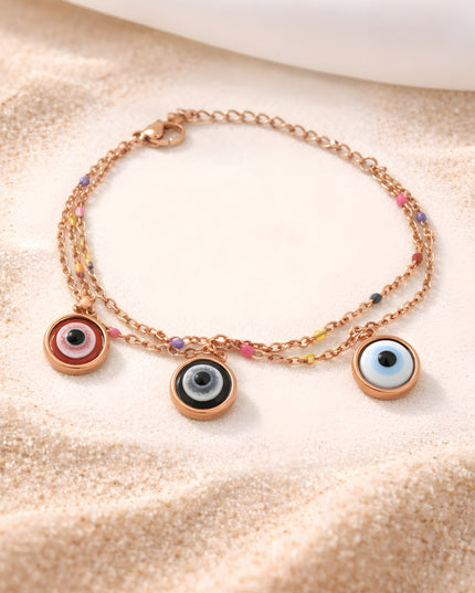 Rose Gold Evil Eye Layered Charm Bracelet