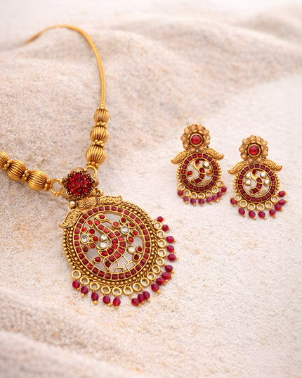Demon Veerangana Temple Necklace Set – Ruby Red &amp; Antique