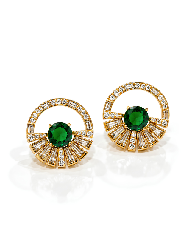 Emerald Green Art Deco Fan Crystal Stud Earrings
