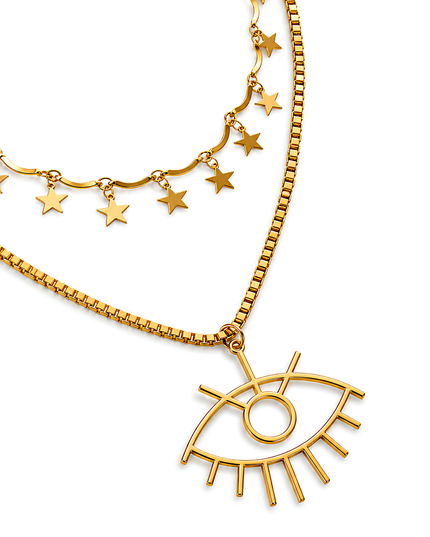 Celestia Gold Plated Double Layer Star & Evil Eye Pendant Necklace