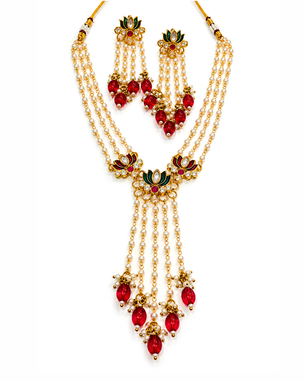 Padmika Pearl & Ruby Red Lotus Necklace Set