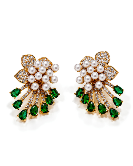 Emerald Bloom Pearl & Crystal Statement Earrings