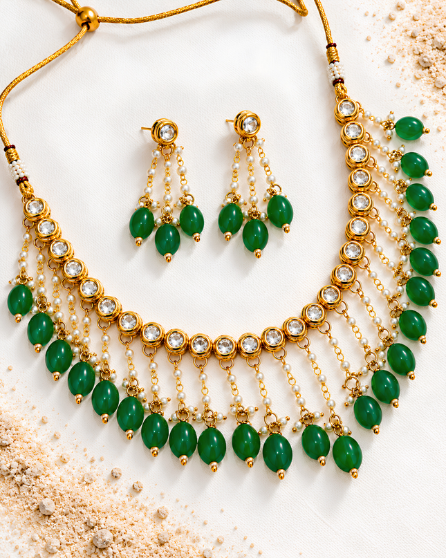 Haritara Emerald Green Kundan & Pearl Drop Necklace Set