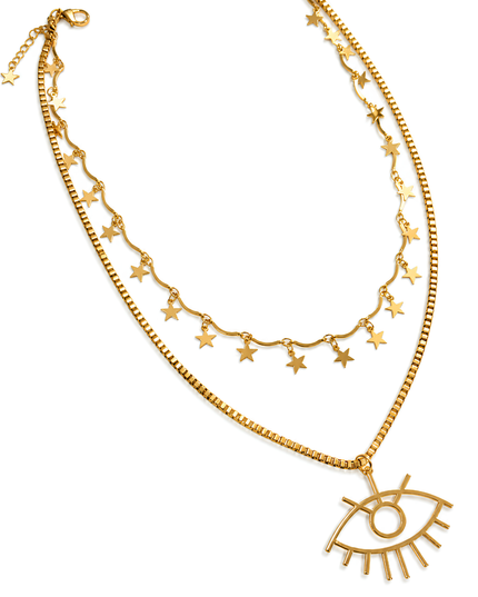 Celestia Gold Plated Double Layer Star & Evil Eye Pendant Necklace