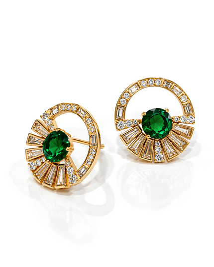 Emerald Green Art Deco Fan Crystal Stud Earrings