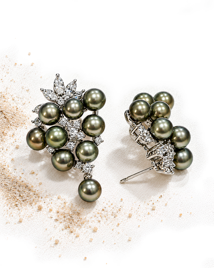 Smoky Grey Pearl & Crystal Floral Cluster Earrings