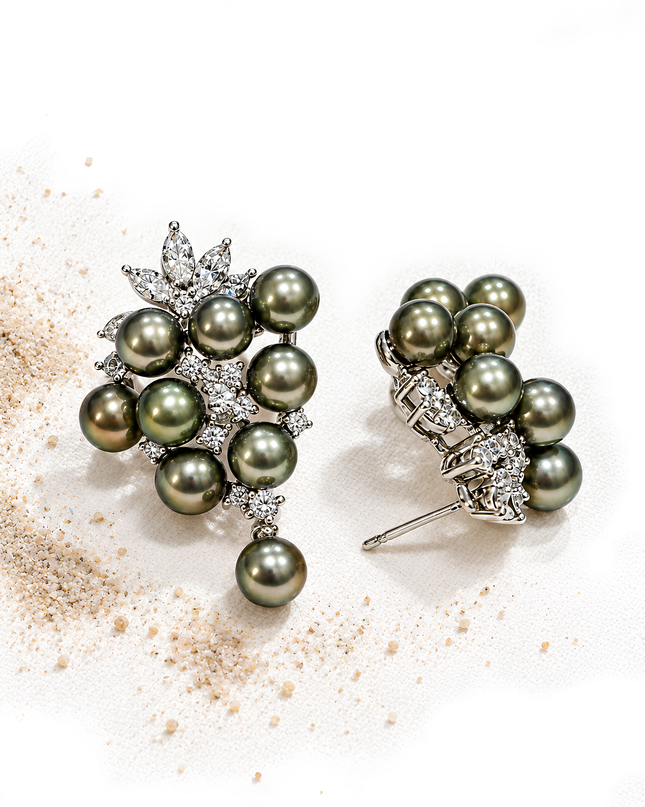 Smoky Grey Pearl & Crystal Floral Cluster Earrings